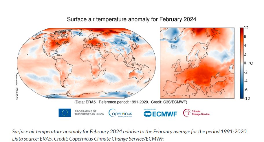 A globális felmelegedés legrissebb adatai, 2024 február - forrás: Copernicus