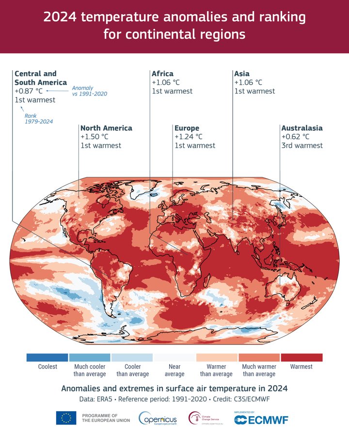 A Föld hőmérsékleti térképe 2024-ben. Forrás: Copernicus X