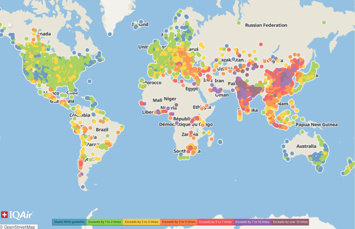 A világ levegőminőség térképe 2024-ben. Forrás: IQAir 